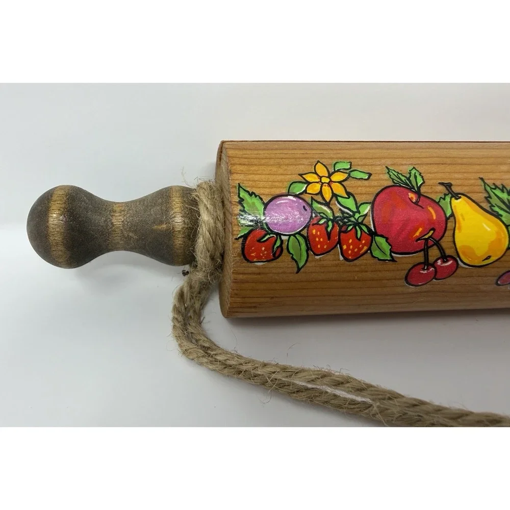 Vintage Wooden Rolling Pin Recipe Card Holder Fruit Design Kitchen Decor
